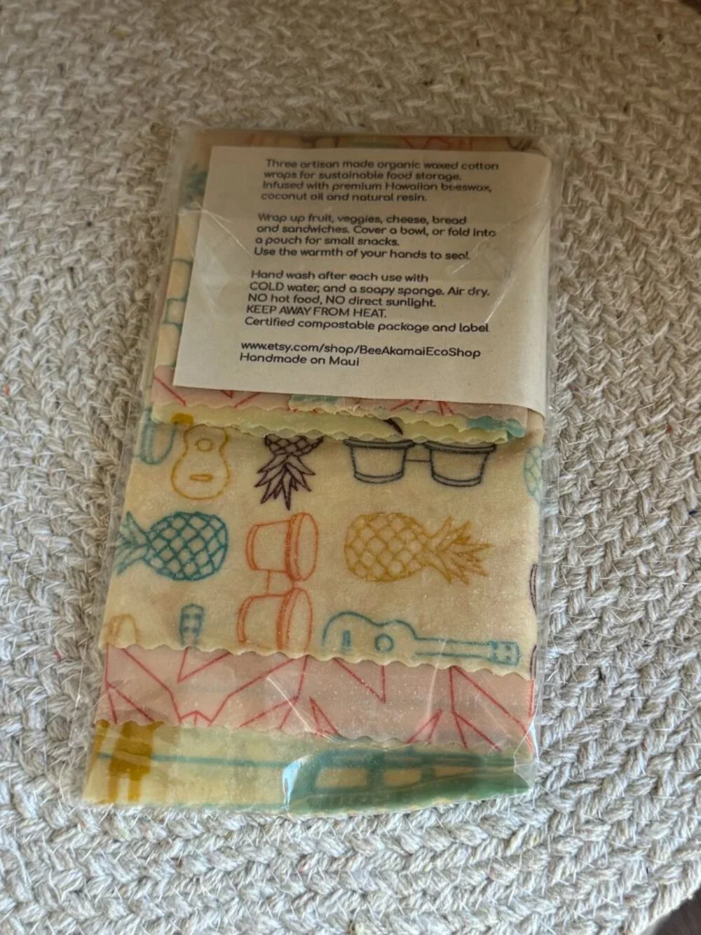 Bee Akamai Eco Wraps 3 Pack Handmade Maui Hawaiian Beeswax Food Wraps New